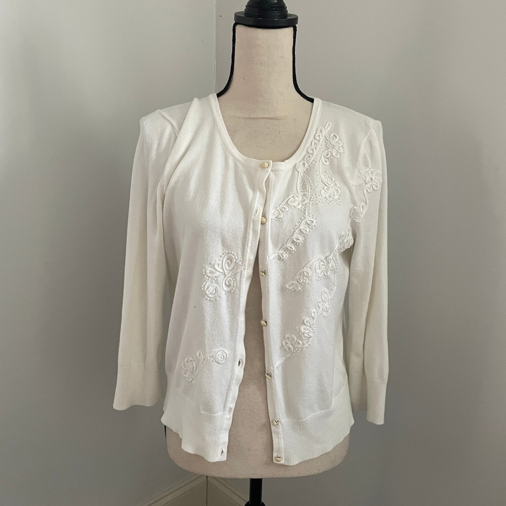 White Embroidered Cardigan Medium Ivory Floral Soutache Sweater Soft Girl Preppy